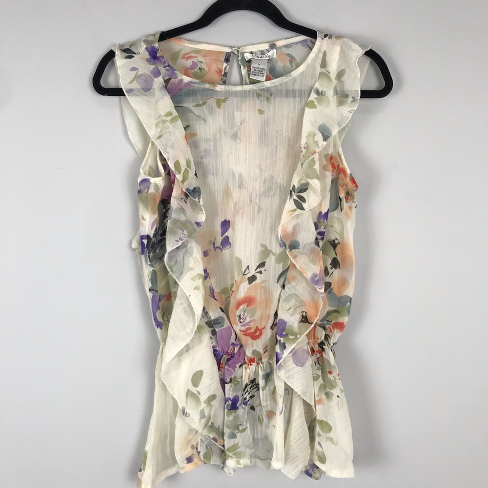 Pinky Sheer Floral Ruffle Cinched Waist Top